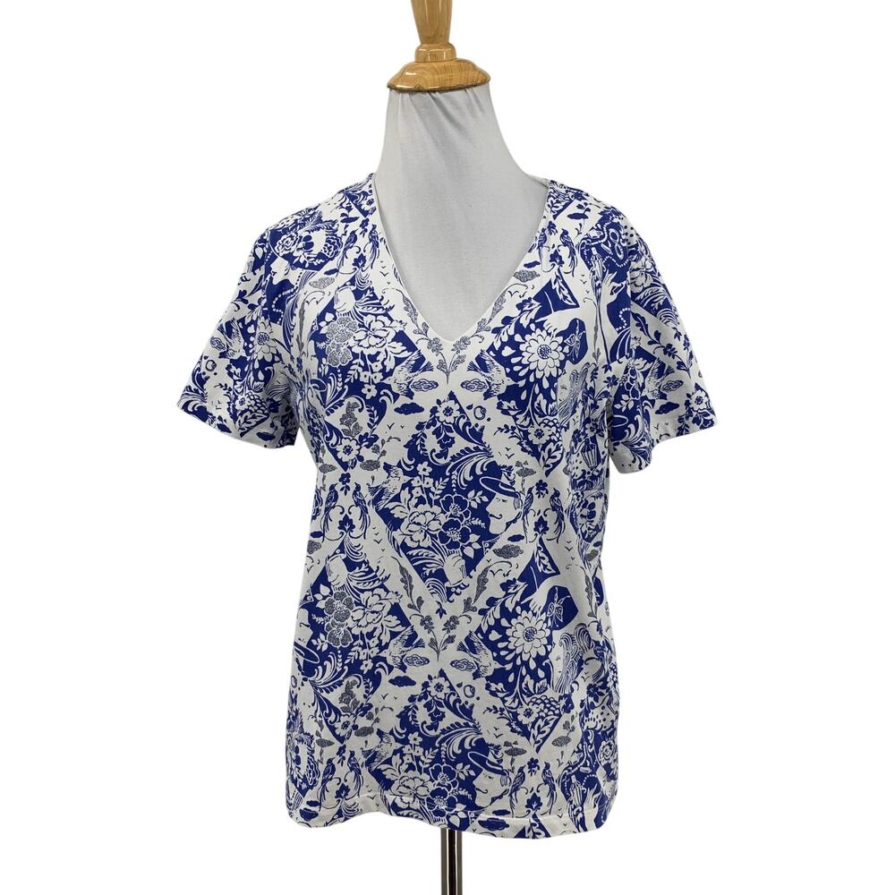 Leo & Ugo Blouse Womens 2 Harbor White Glitter V Neck Floral Motif Short Sleeve